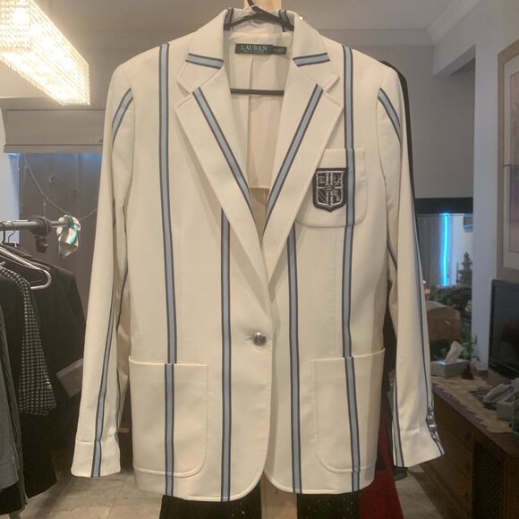 Ralph Lauren Size 12 White and Baby Blue Blazer with Emblem - Picture 1 of 3